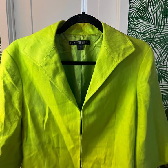 Lafayette Bright Trendy Lime Green Vibrant Linen Open-Front Blazer Jacket Size 8 - Picture 3 of 10